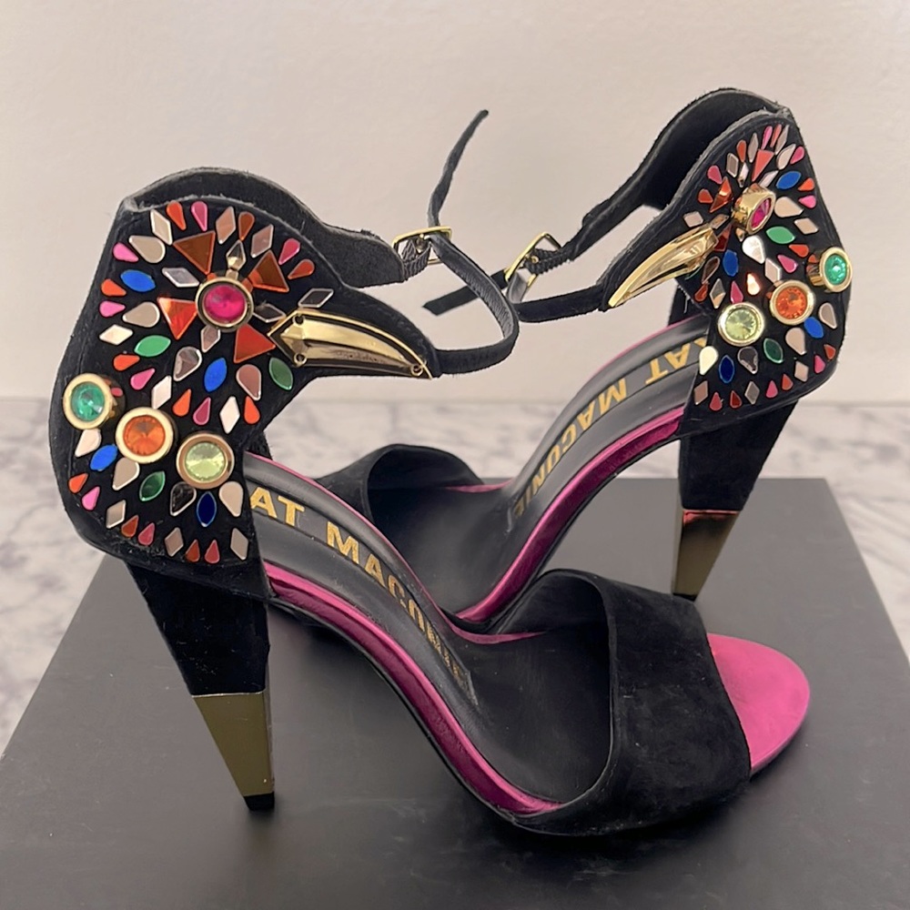 Kat Maconie open toe black suede heel with mosaic mirror embellishments size 37